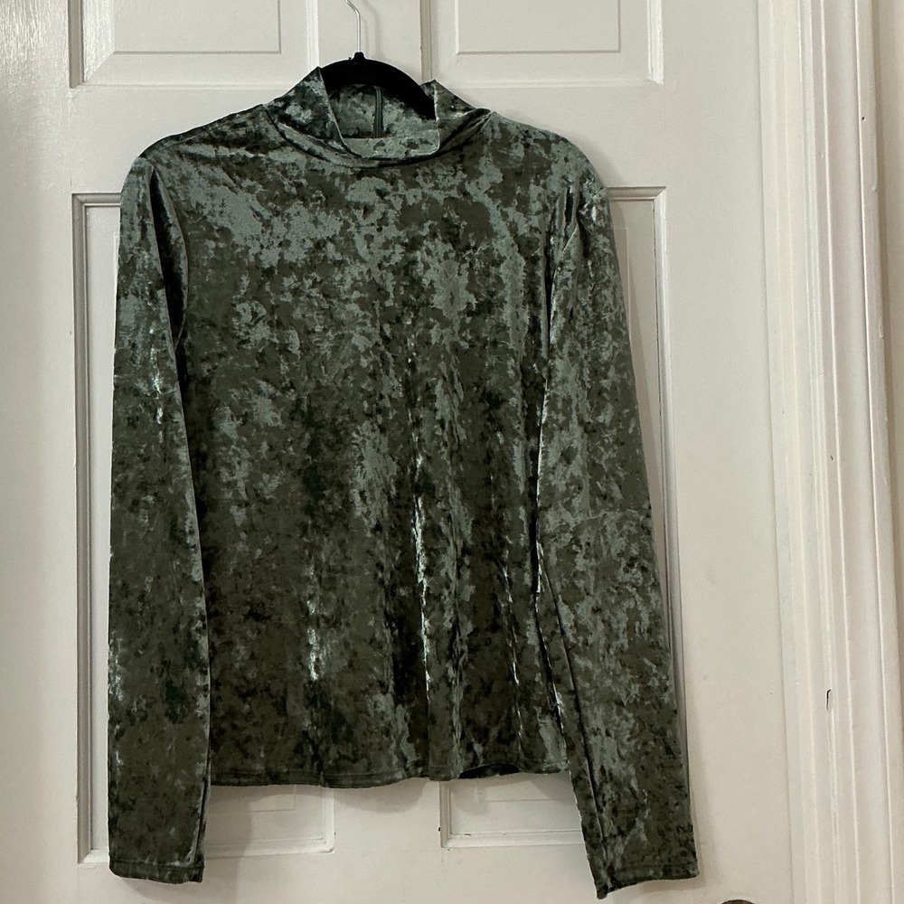 1.STATE Sage Green Crushed Velvet Mock Neck Top L Holiday Dark Academia Evening